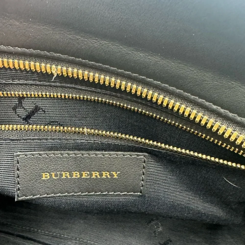 Auth Burberry Black Matte Leather Clifton Convertible 2way Handbag Purse